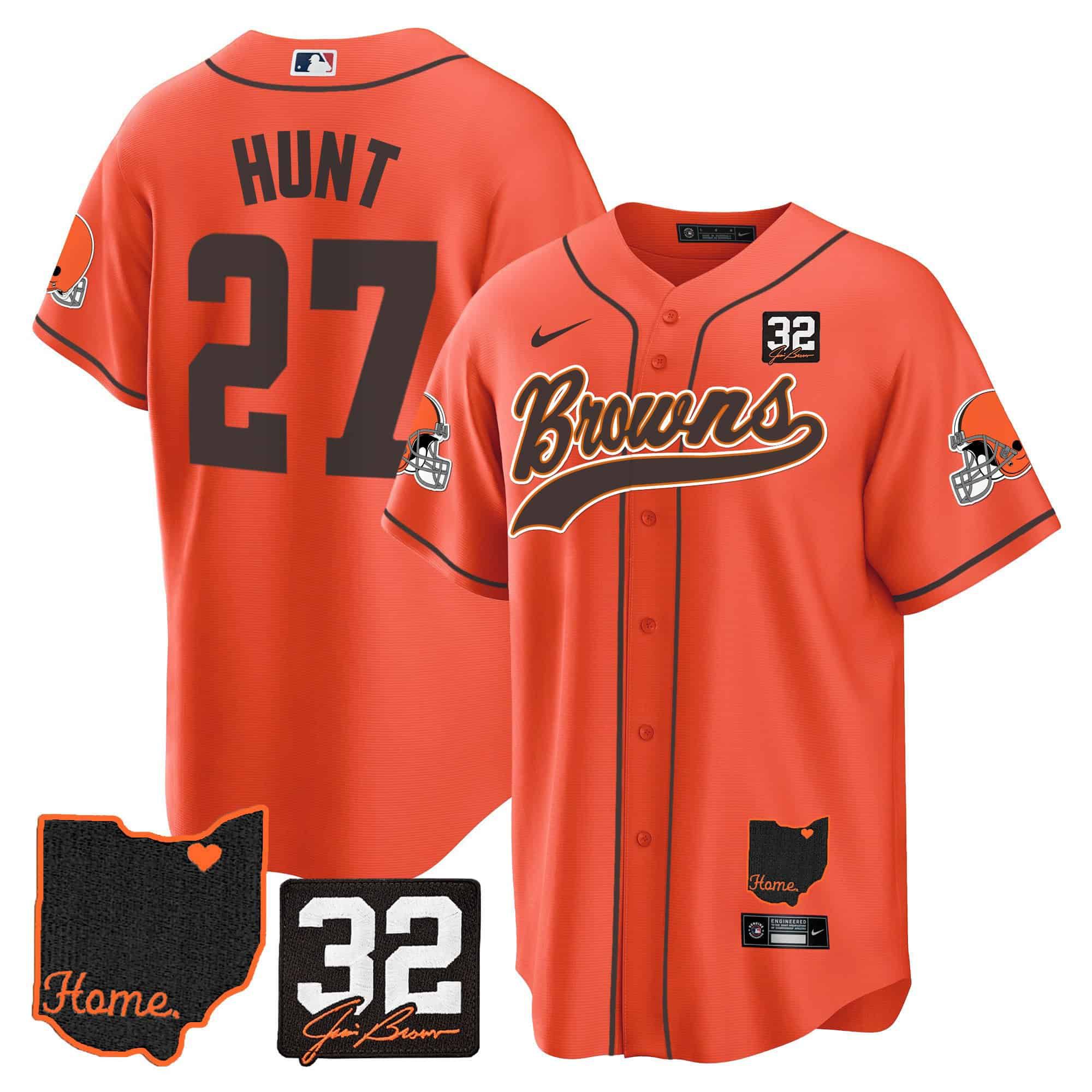 Men Cleveland Browns #27 Hunt Orange Memorial Home Patch Baseball 2024 Nike NFL Jersey